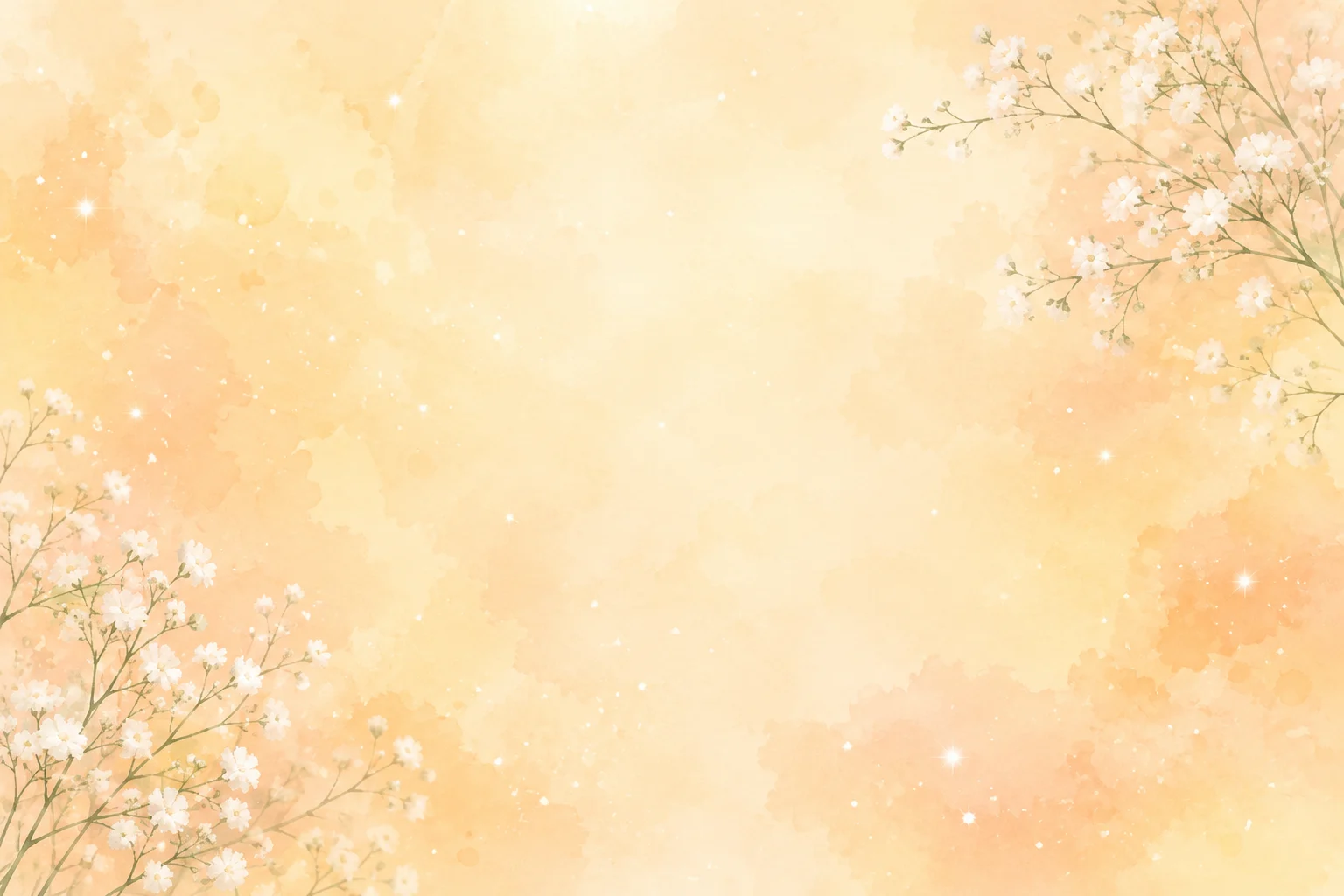 淡いアプリコット色の水彩と、白いかすみ草がきらめく背景
